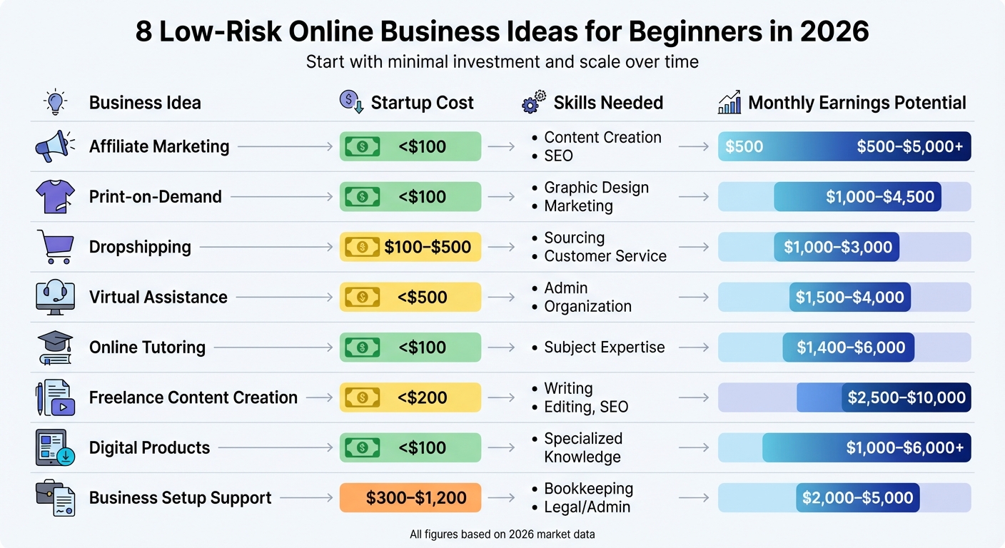8 Low-Risk Online Business Ideas: Startup Costs, Skills & Earnings Comparison