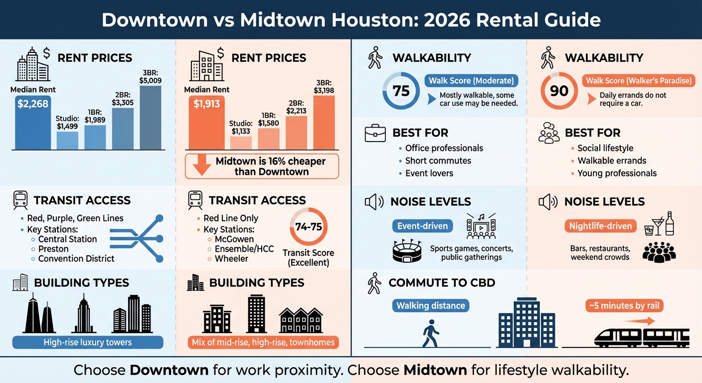 Downtown vs Midtown Houston Rental Comparison 2026: Rent Prices, Walkability & Transit