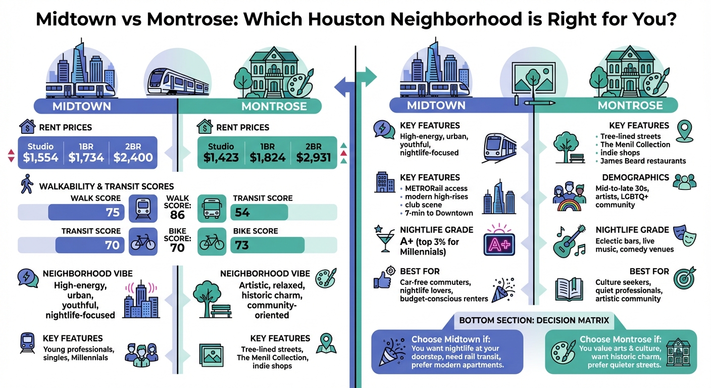 Midtown vs Montrose Houston Neighborhoods Comparison: Rent, Transit, Walkability & Lifestyle