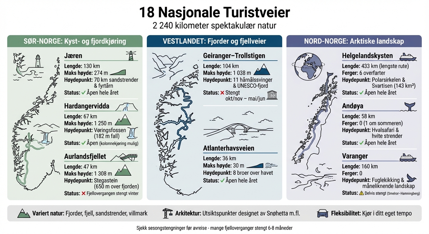 Oversikt over Norges 18 Nasjonale Turistveier - lengde, høyde og åpningstider