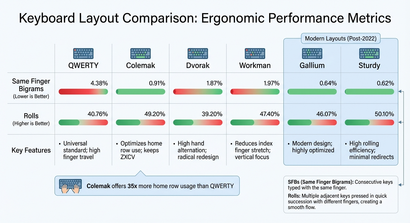 Ergonomic Keyboard Layout Comparison: QWERTY vs Colemak vs Gallium vs Sturdy