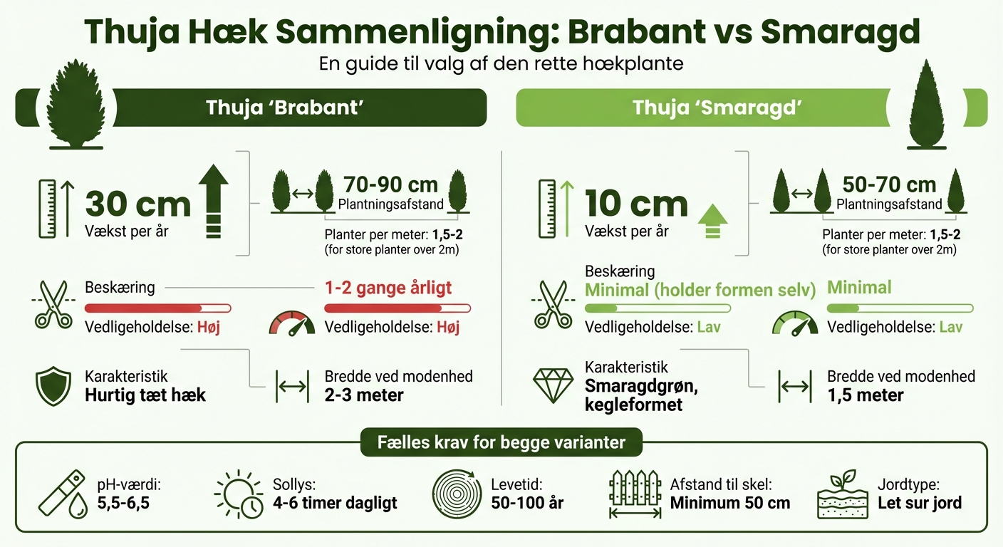 Thuja Brabant vs Smaragd: Sammenligning af vækst, afstand og pleje