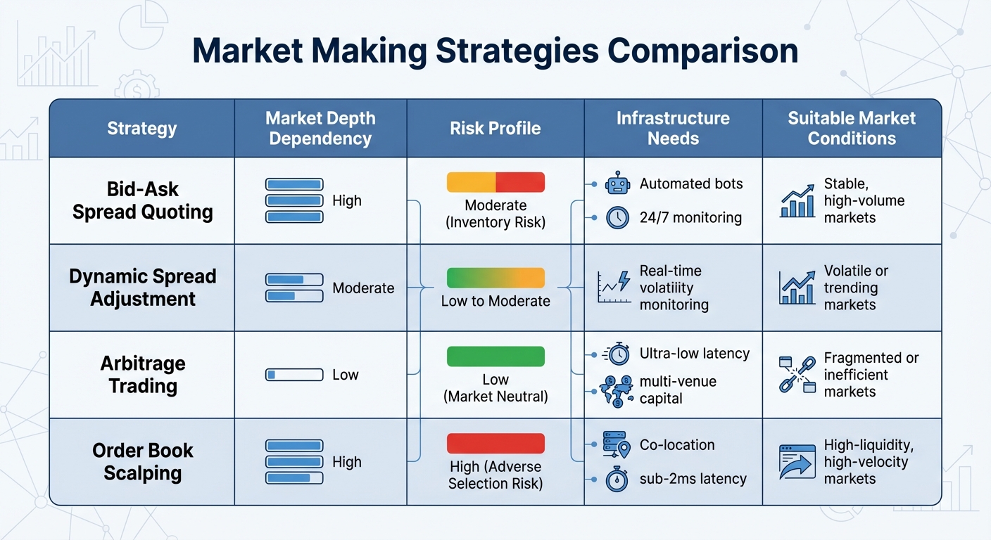 Market Making Strategies Comparison: Depth Dependency, Risk, and Infrastructure Requirements