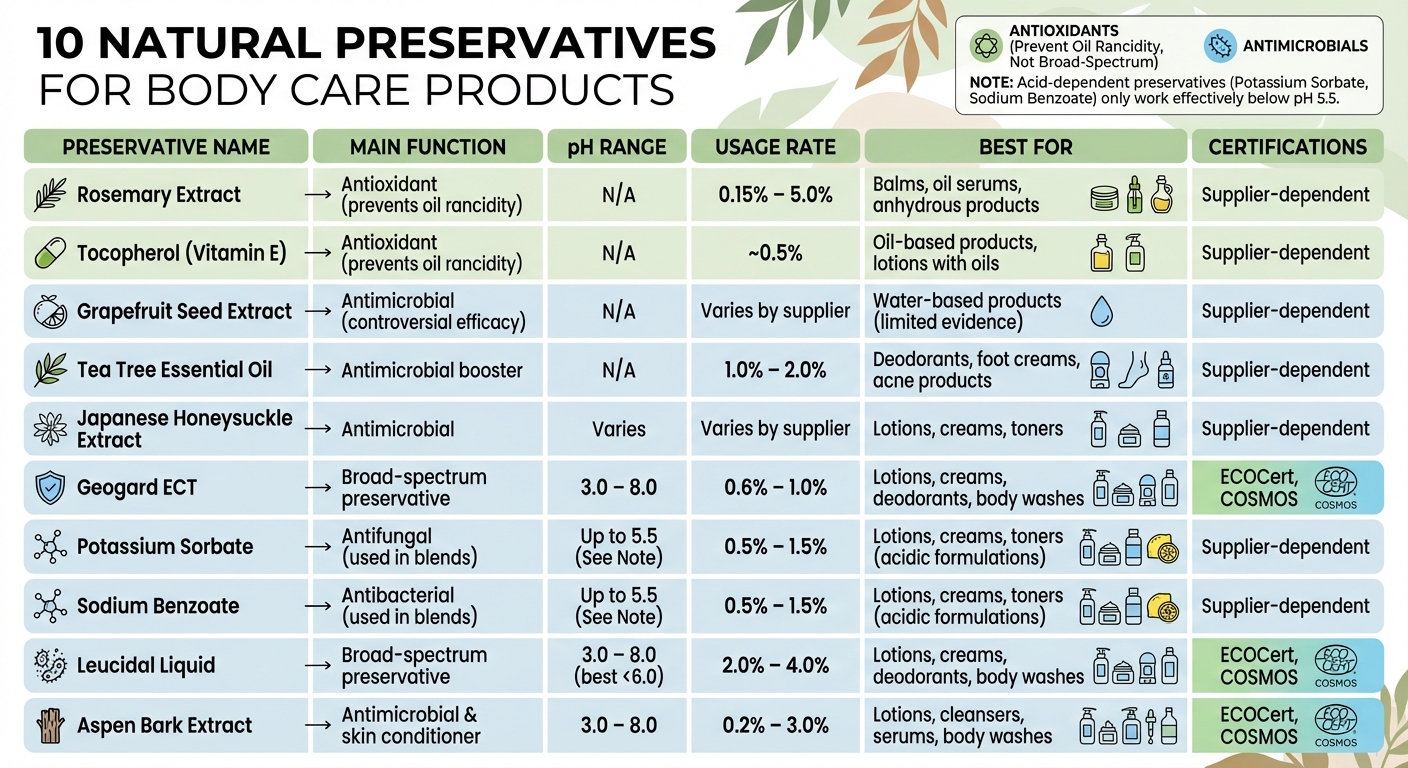 Natural Preservatives for Body Care Products Comparison Chart