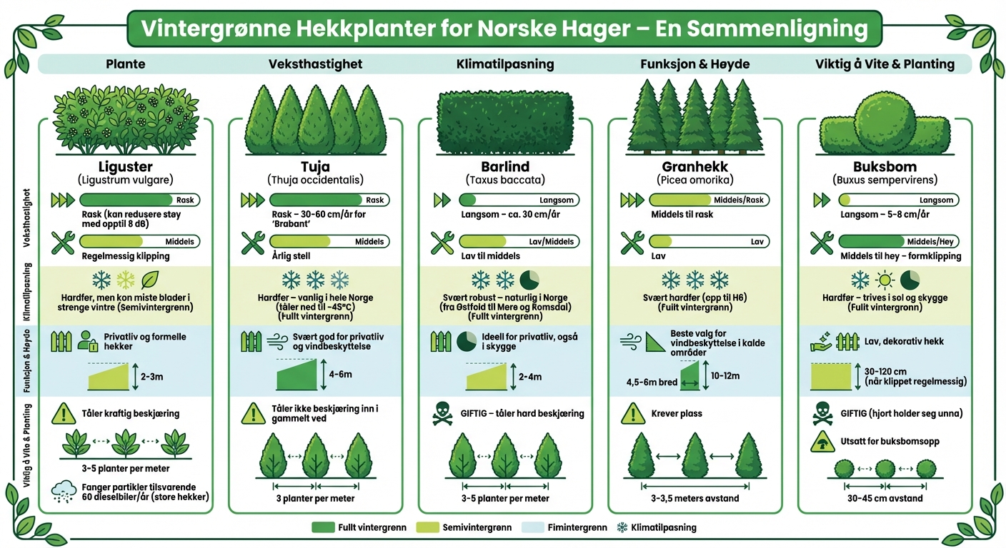 Sammenligning av 5 vintergrønne hekkplanter for norske hager