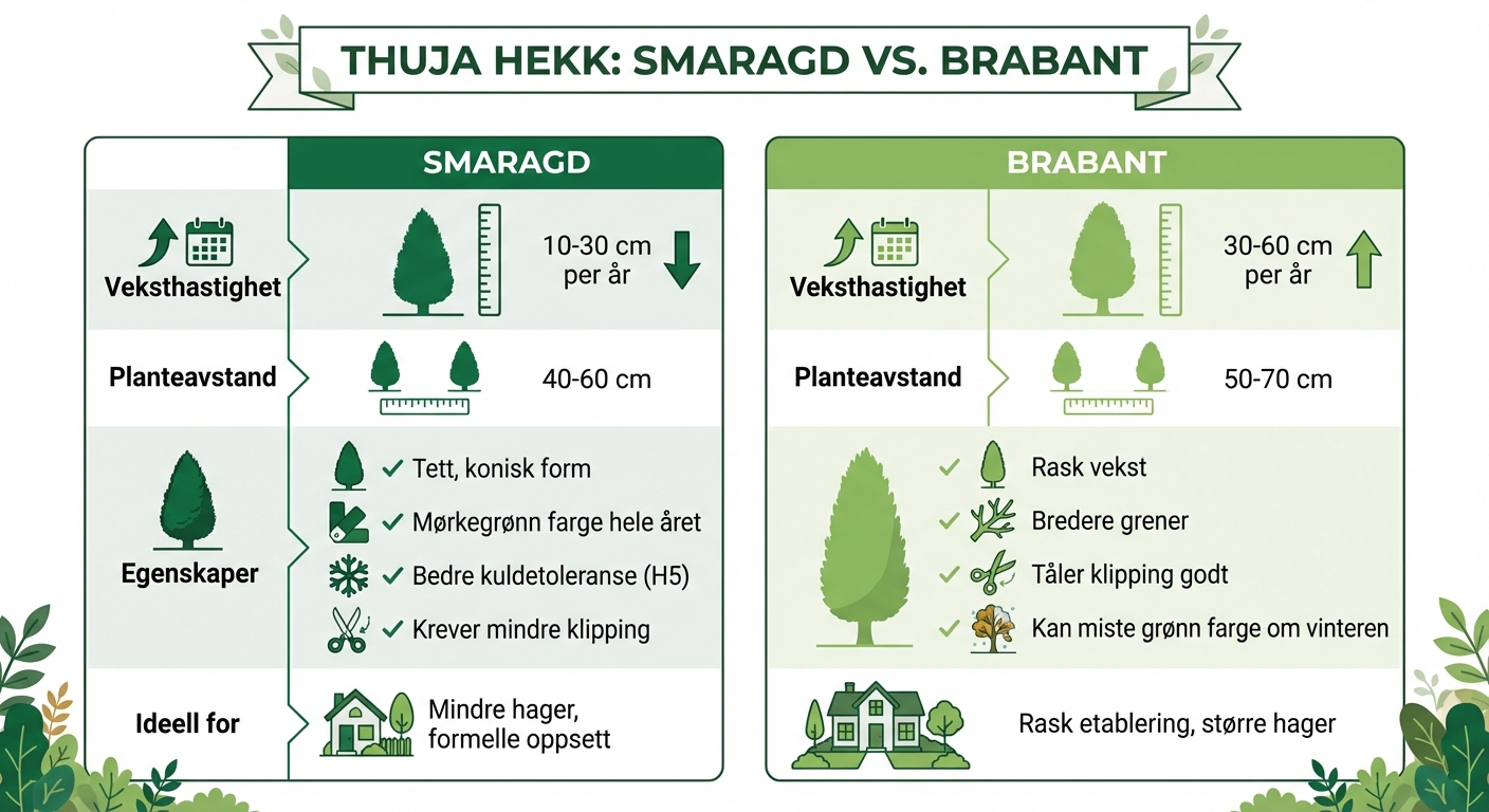 Sammenligning av Thuja Smaragd og Brabant varianter for hekk