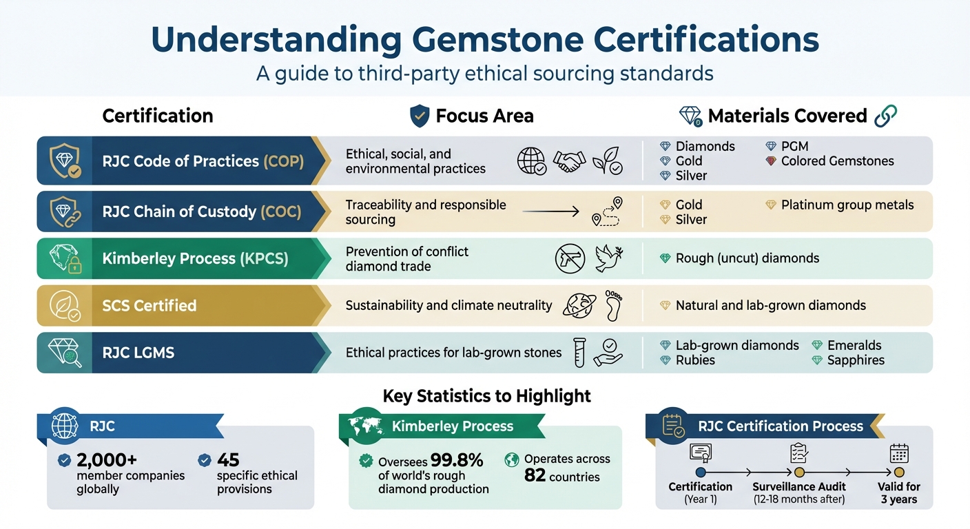 Gemstone Certification Comparison: RJC, Kimberley Process, and SCS Standards