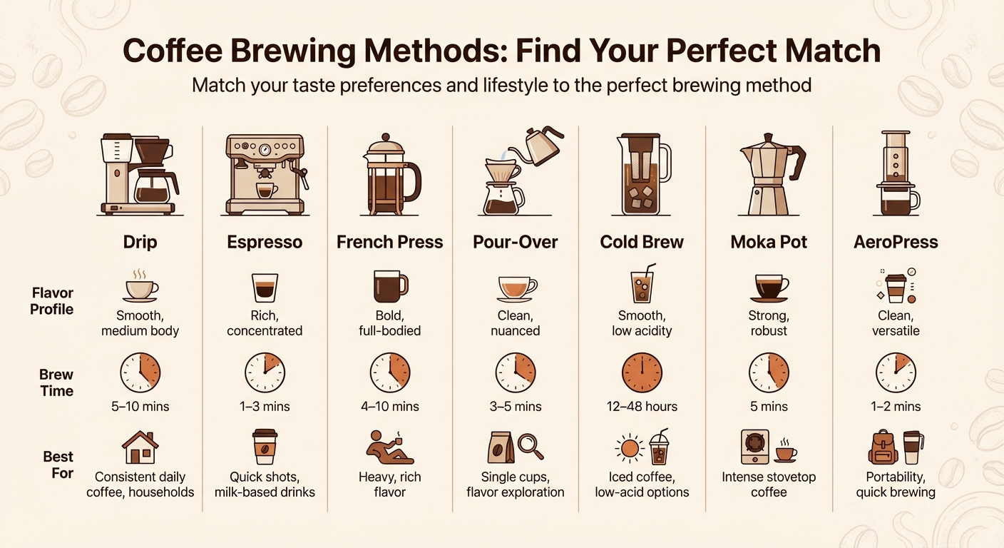 Coffee Brewing Methods Comparison: Flavor, Time, and Best Uses