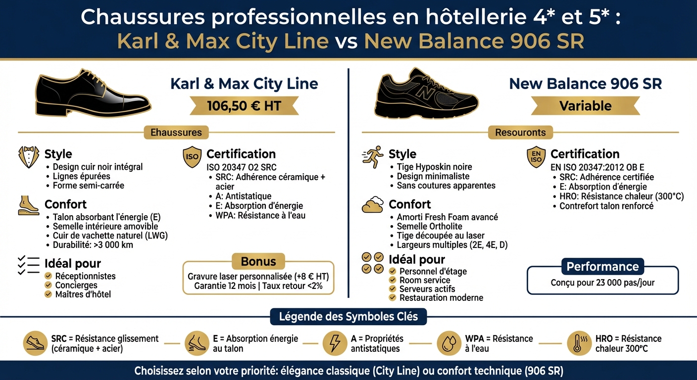 Comparaison Karl & Max City Line vs New Balance 906 SR pour hôtellerie de luxe