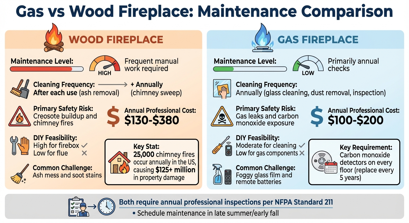 Gas vs Wood Fireplace Maintenance Comparison: Costs, Frequency, and Safety Risks