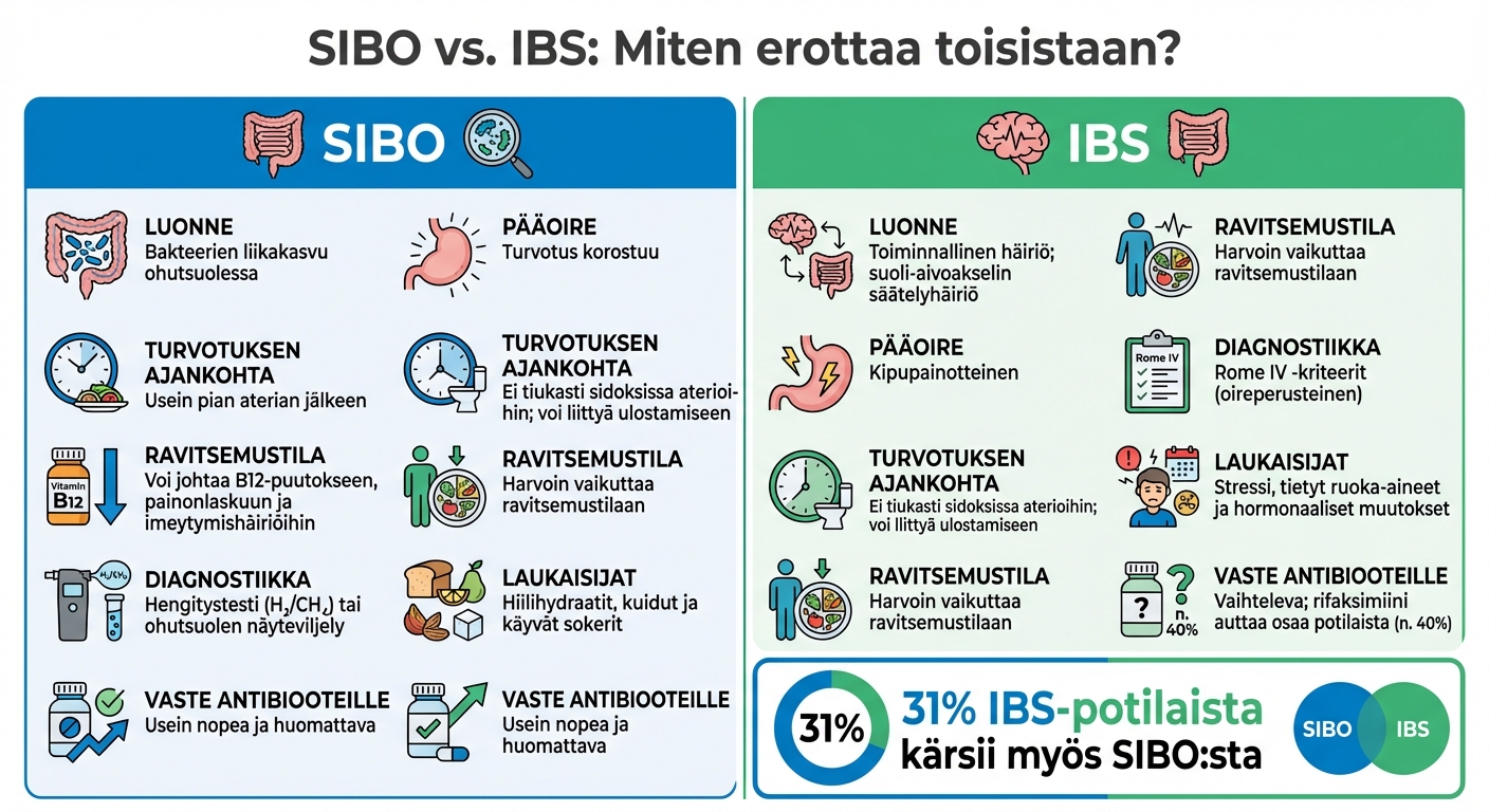 SIBO vs IBS: Keskeiset erot oireissa, syissä ja diagnostiikassa