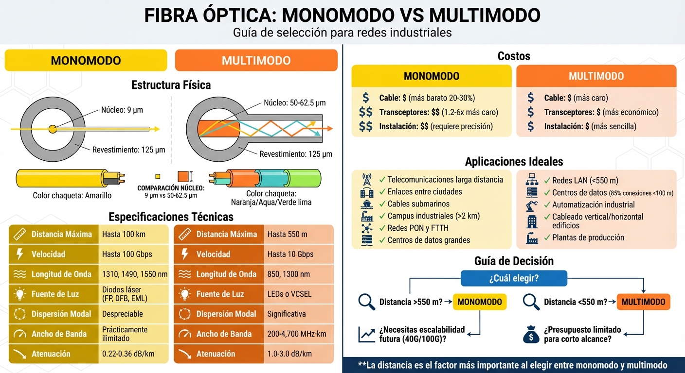 Comparación Cable Fibra Óptica Monomodo vs Multimodo