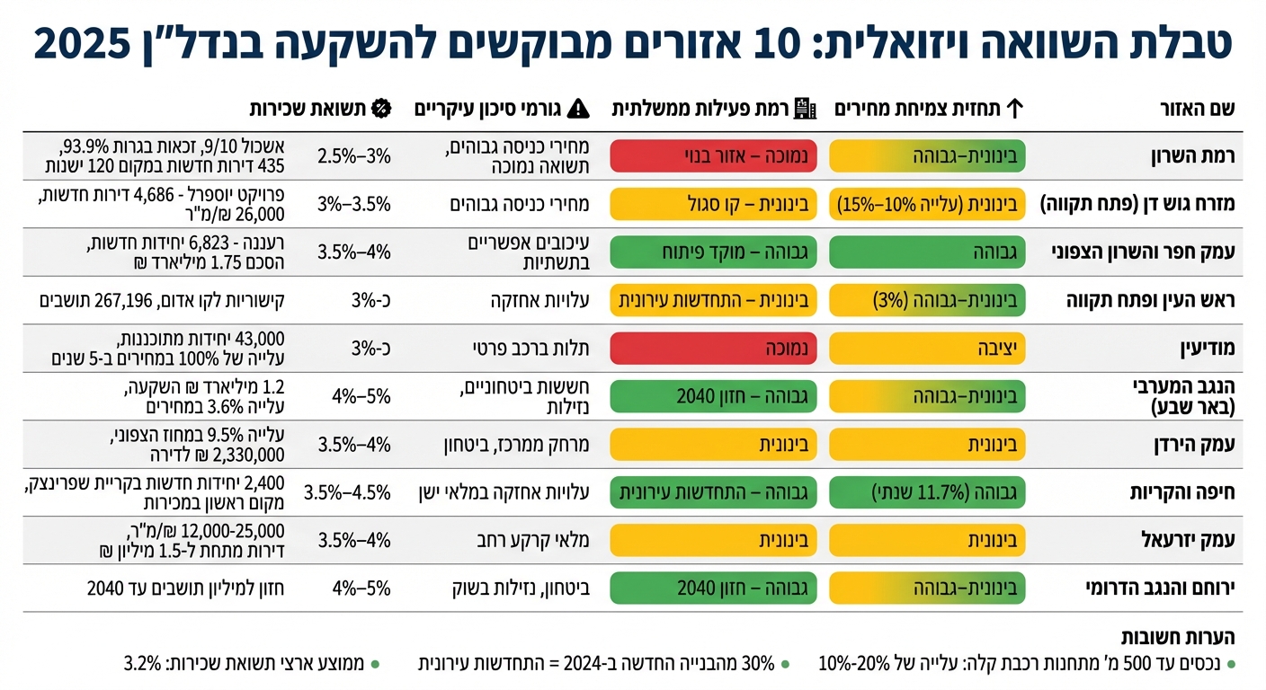 השוואת 10 אזורים מובילים להשקעה בנדל