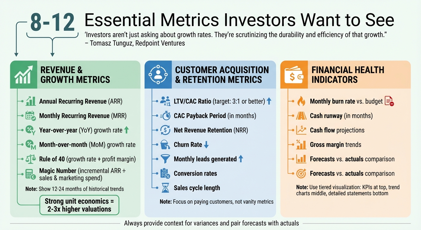 8-12 Essential Investor Dashboard Metrics: Revenue, Customer Acquisition, and Financial Health KPIs