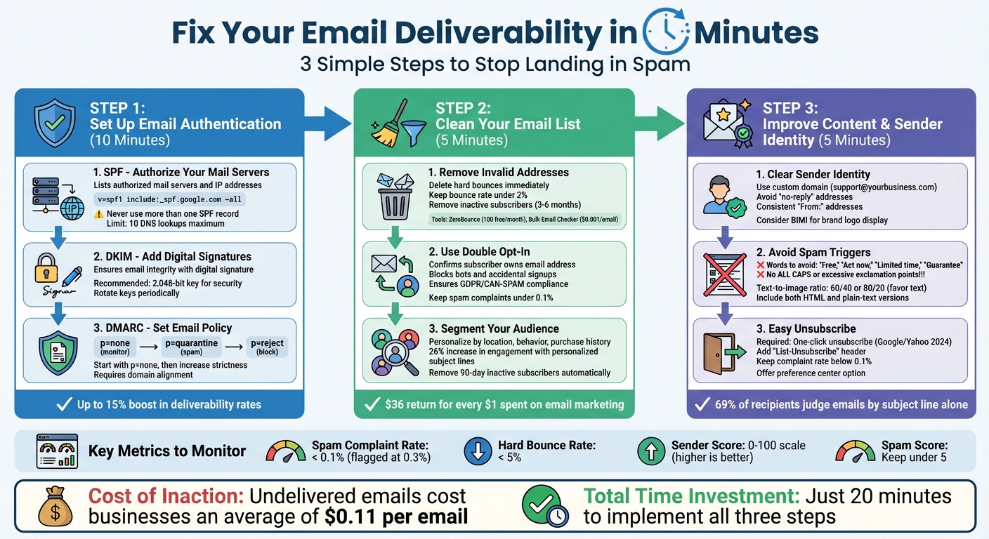 20-Minute Email Deliverability Fix: 3-Step Process