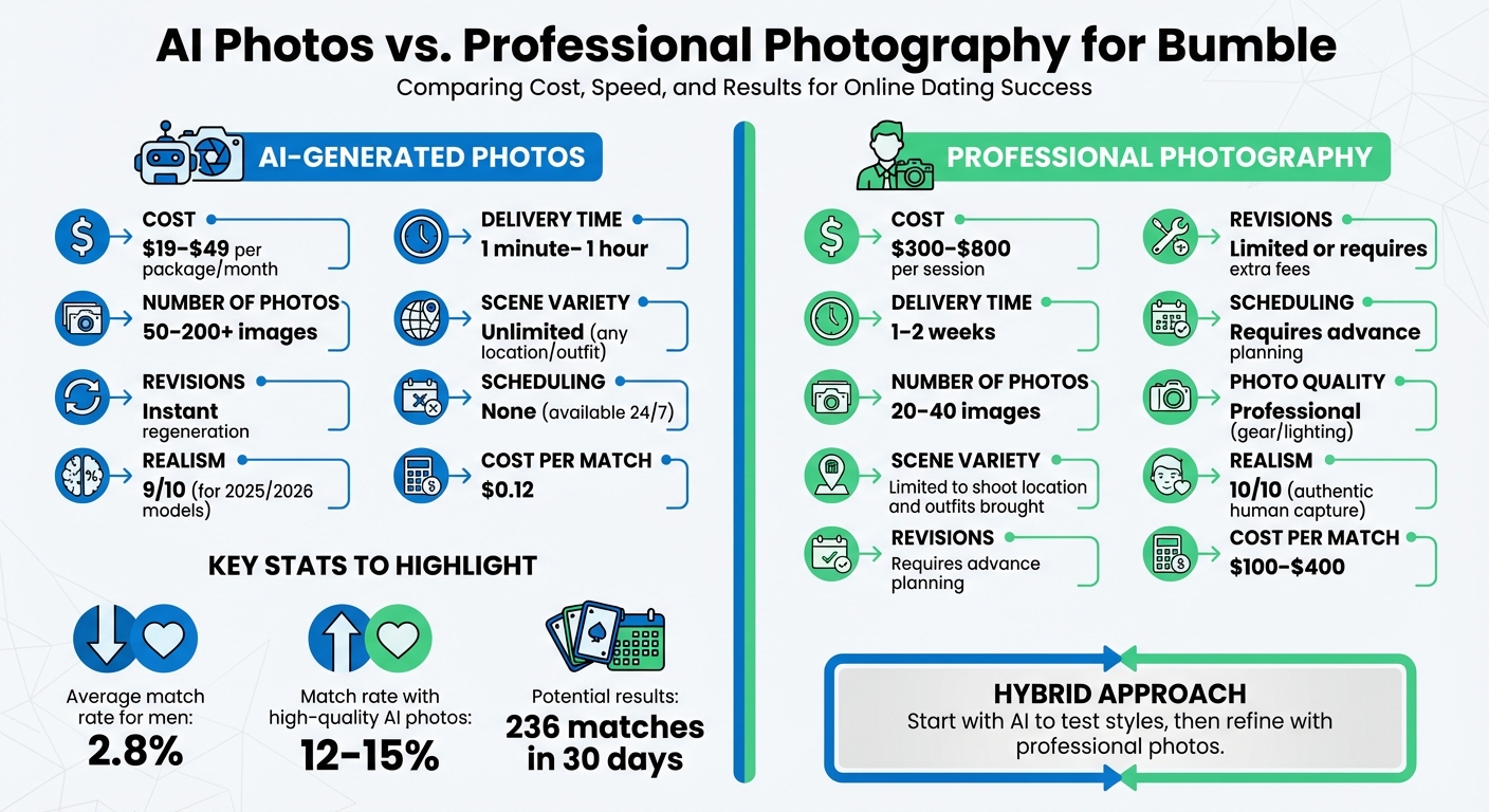AI Photos vs Professional Photography for Bumble: Cost, Speed, and Results Comparison