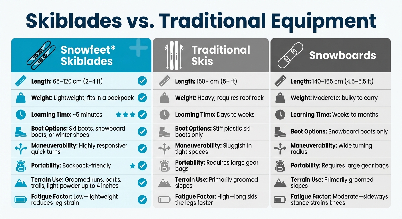 Skiblades vs Traditional Skis vs Snowboards Comparison Chart