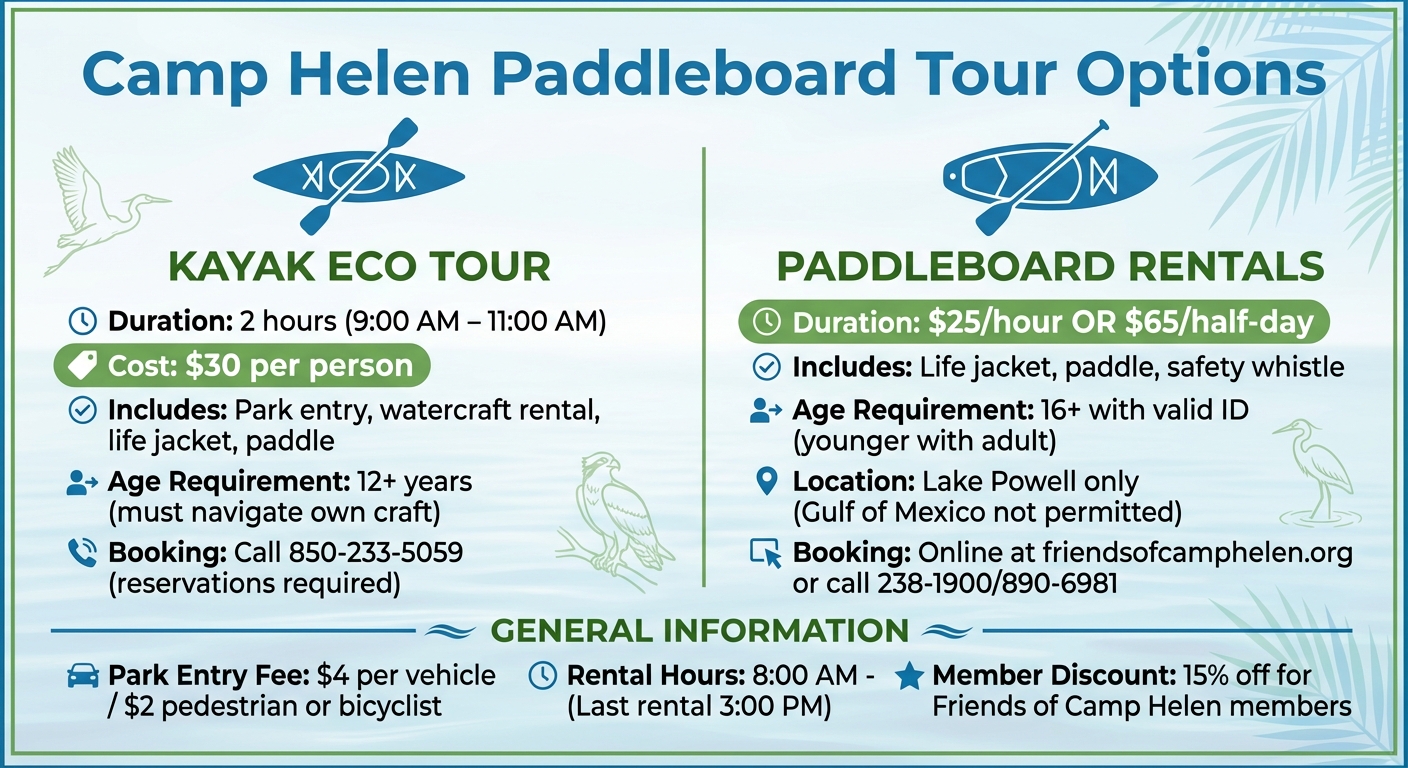 Camp Helen Paddleboard Tour Options: Pricing, Duration & Requirements