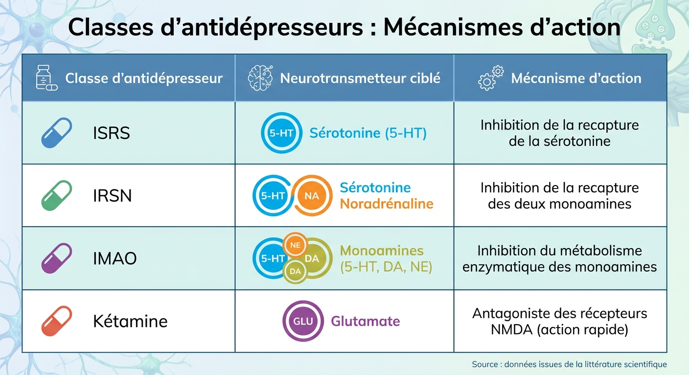 Tableau comparatif des antidépresseurs : mécanismes d'action et neurotransmetteurs ciblés