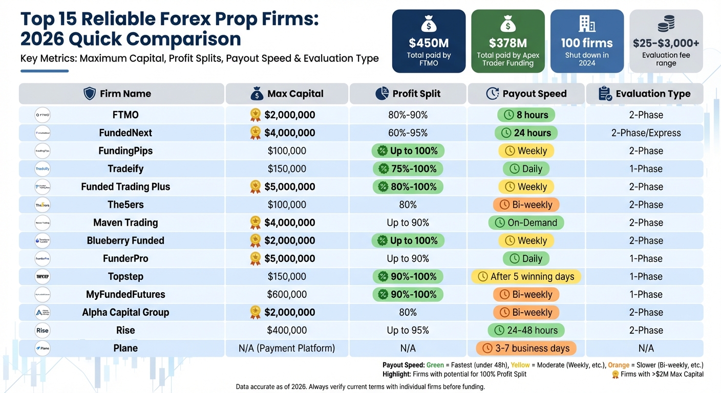 Top 15 Forex Prop Firms Comparison: Profit Splits, Payout Speed & Maximum Capital 2026