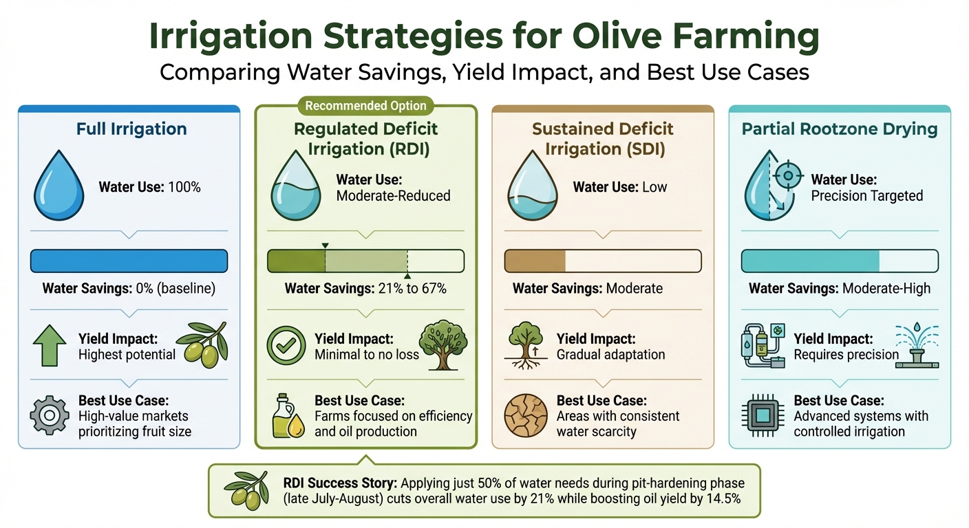 Irrigation Strategies for Olive Farming: Water Savings and Yield Impact Comparison