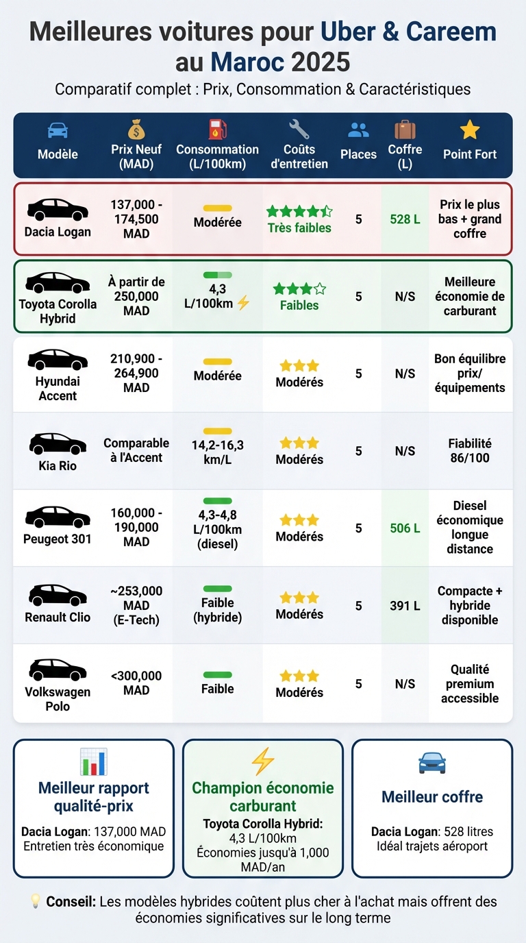 Comparaison des 7 meilleures voitures VTC au Maroc 2025 : prix, consommation et caractéristiques