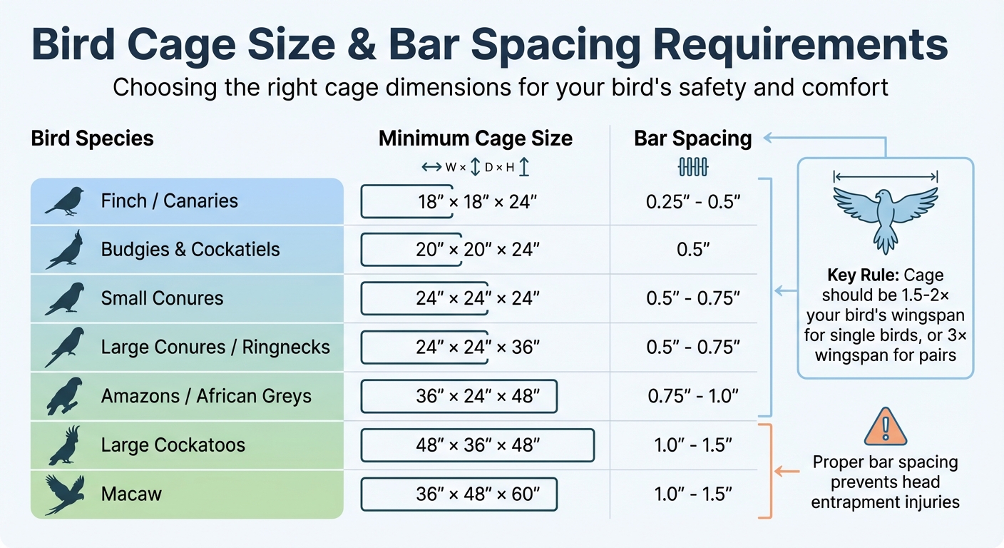 Bird Cage Size and Bar Spacing Guide by Species