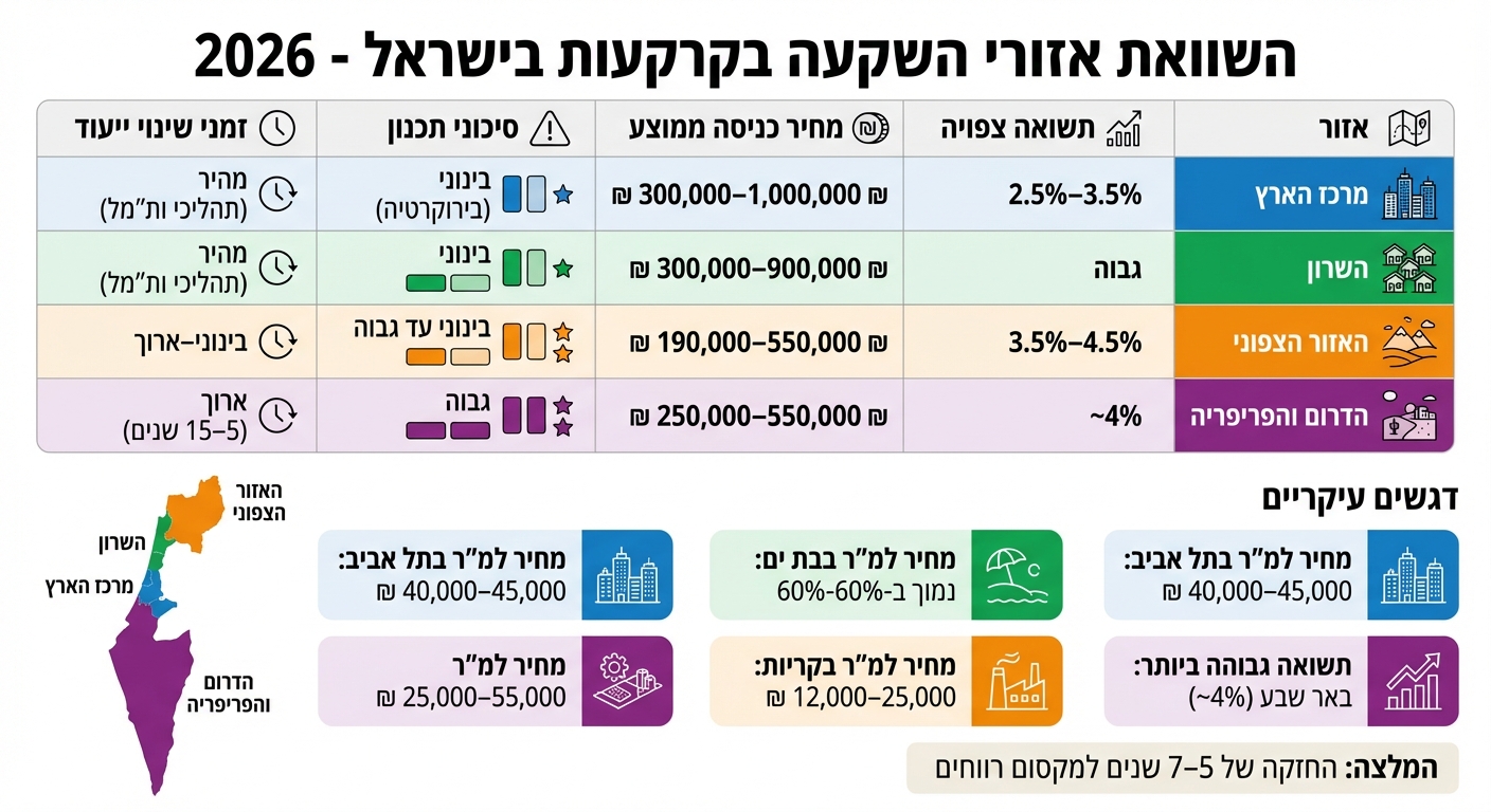 השוואת אזורי השקעה בקרקעות בישראל 2026 - מחירים, תשואות וזמני פיתוח