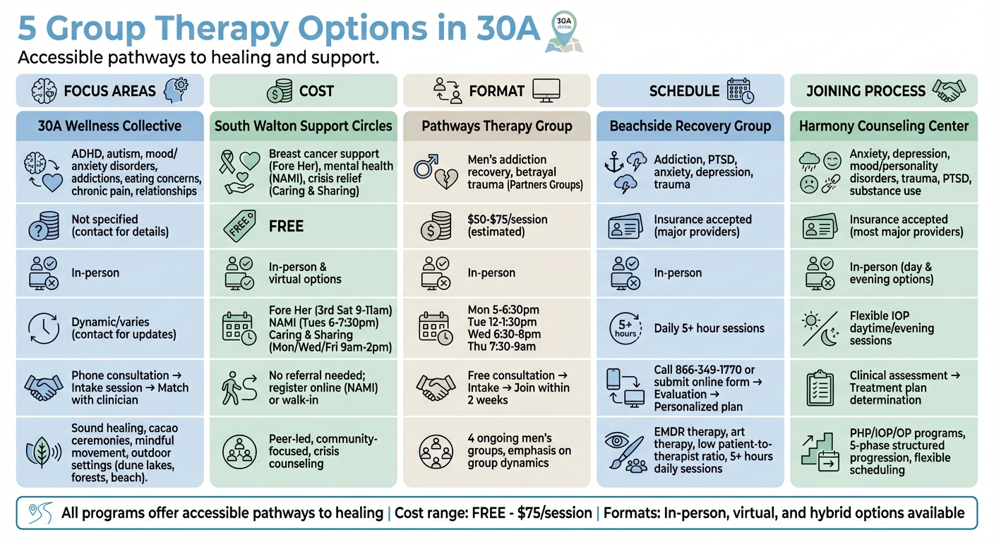 5 Group Therapy Options in 30A: Comparison of Services, Costs, and Schedules