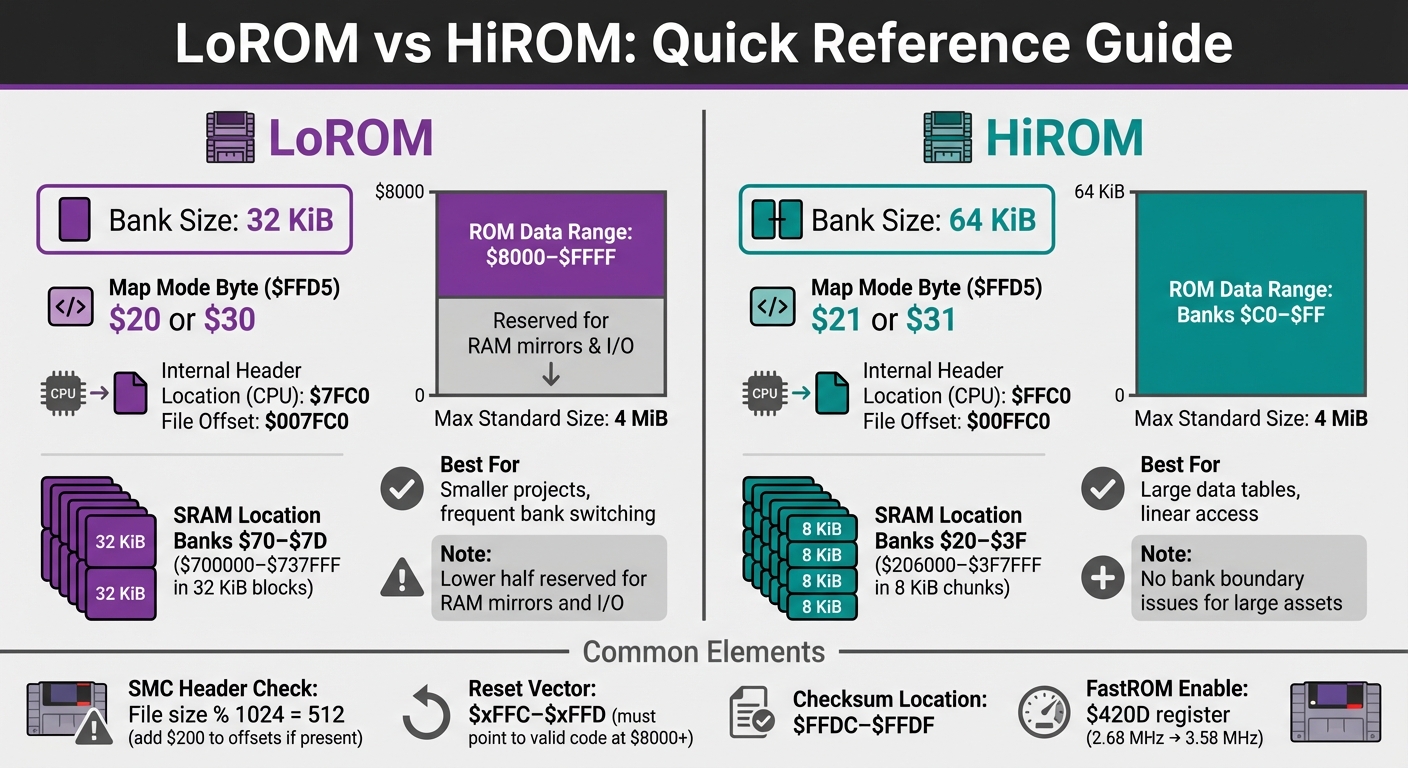 SNES LoROM vs HiROM Memory Mapping Comparison Chart