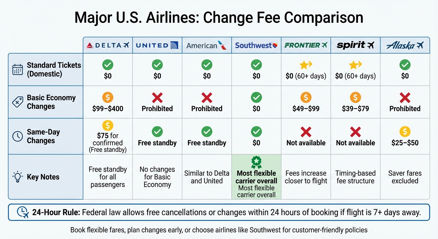 Major U.S. Airlines Change Fee Comparison Chart