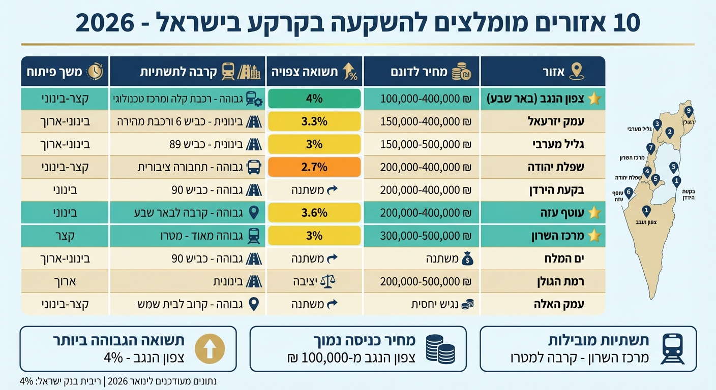 השוואת 10 אזורים מומלצים להשקעה בקרקע בישראל - מחירים ותשואות 2026