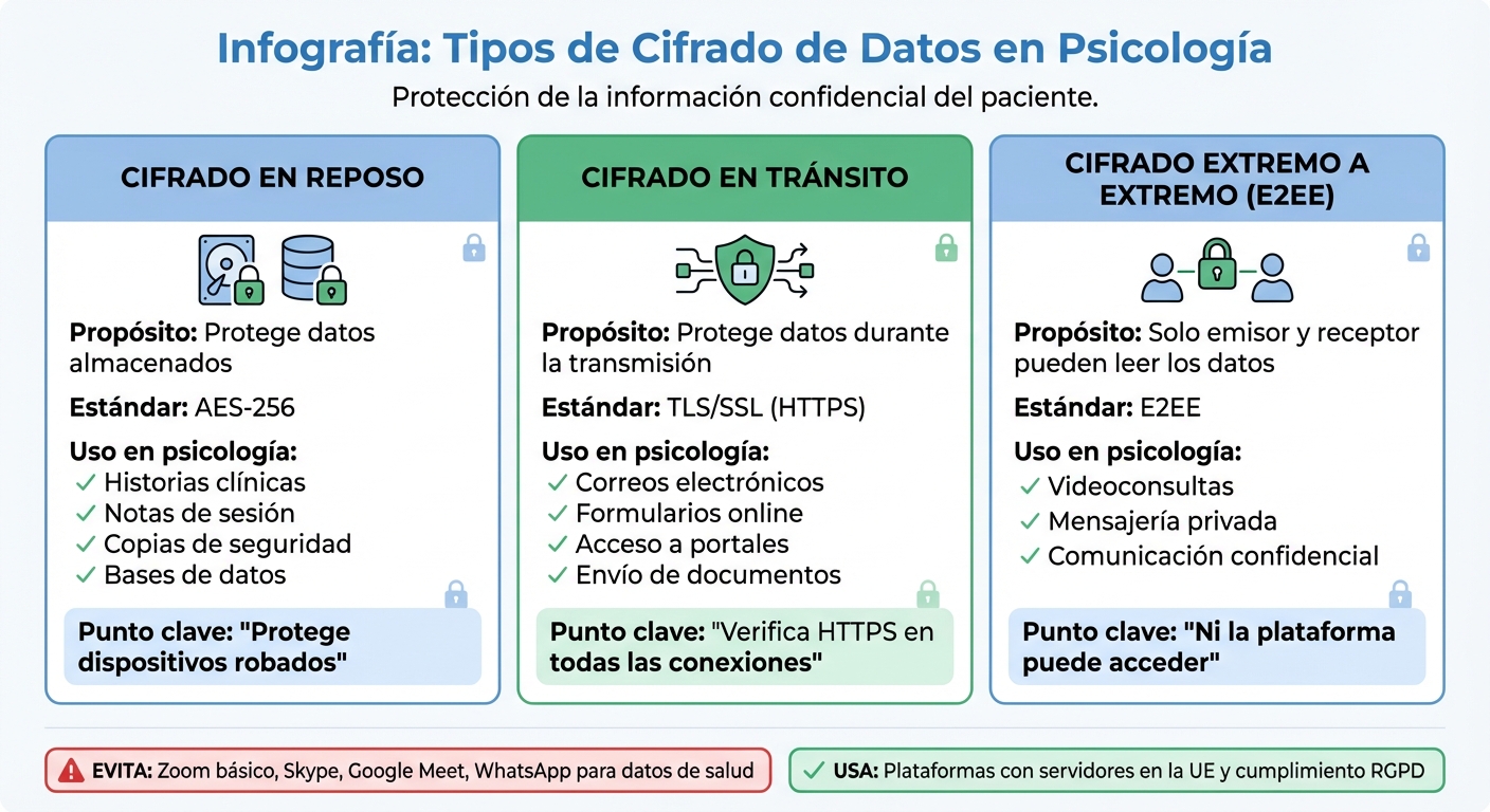 Comparativa de tipos de cifrado de datos para psicólogos: en reposo, en tránsito y extremo a extremo