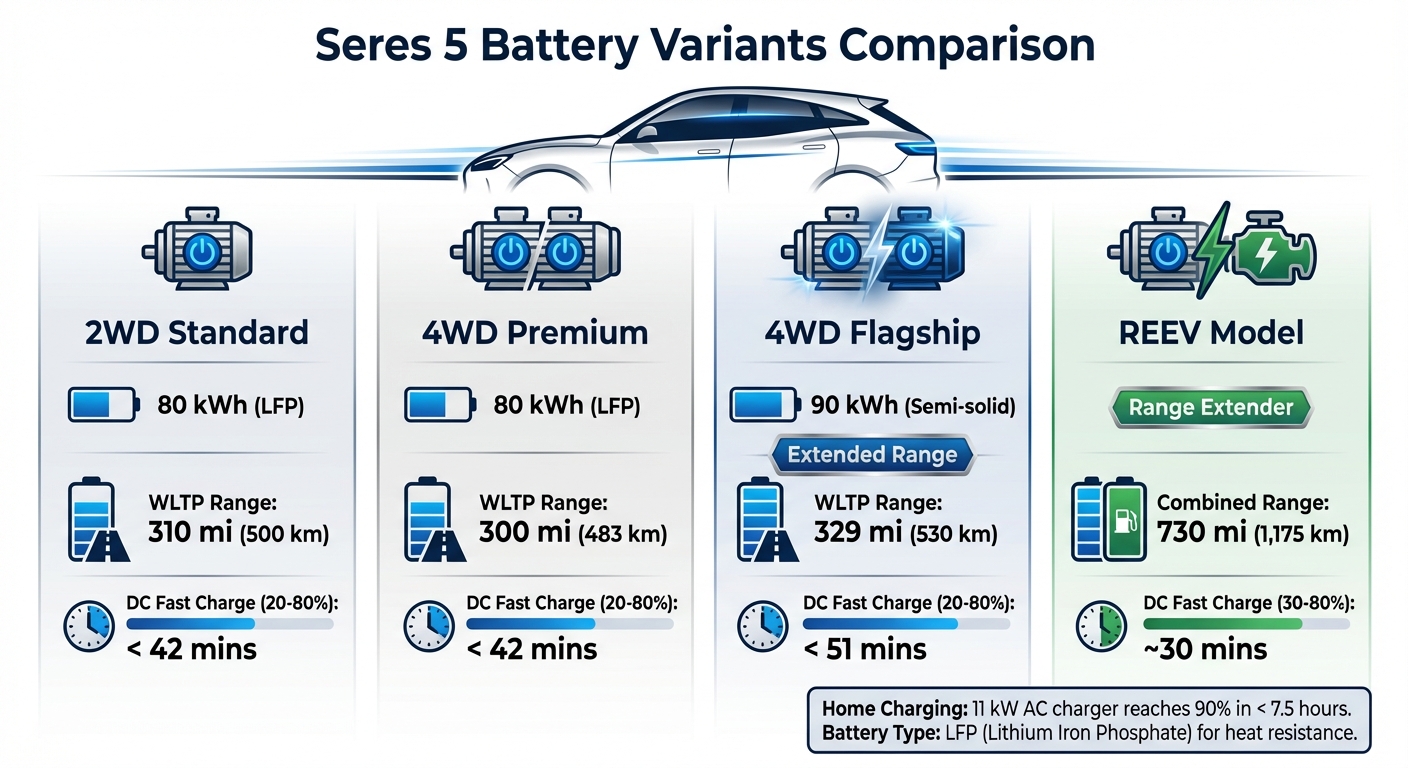 Seres 5 Battery Variants Comparison: Range, Capacity and Charging Times
