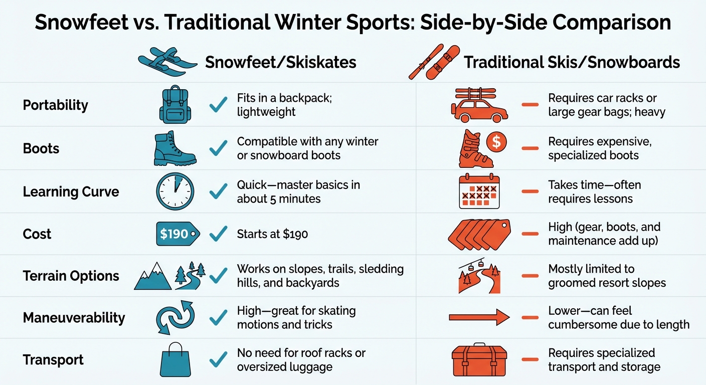 Snowfeet vs Traditional Skis and Snowboards Comparison