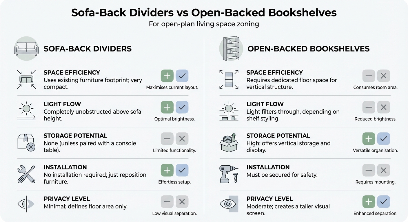 Comparison of Sofa-Back Dividers vs Open-Backed Bookshelves for Open-Plan Zoning