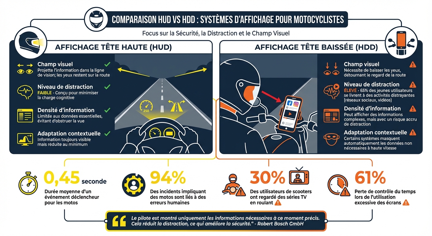 Comparaison HUD vs HDD pour motards : sécurité et distraction