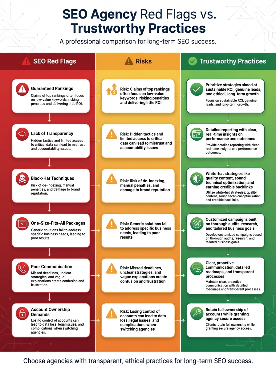 SEO Agency Red Flags vs Trustworthy Practices Comparison
