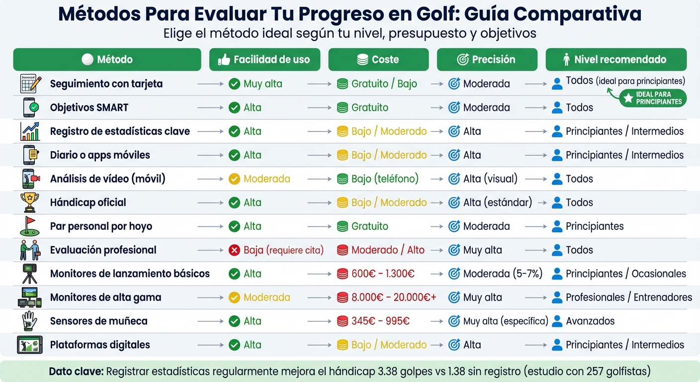 Comparativa de métodos para evaluar progreso en golf: facilidad, coste y precisión