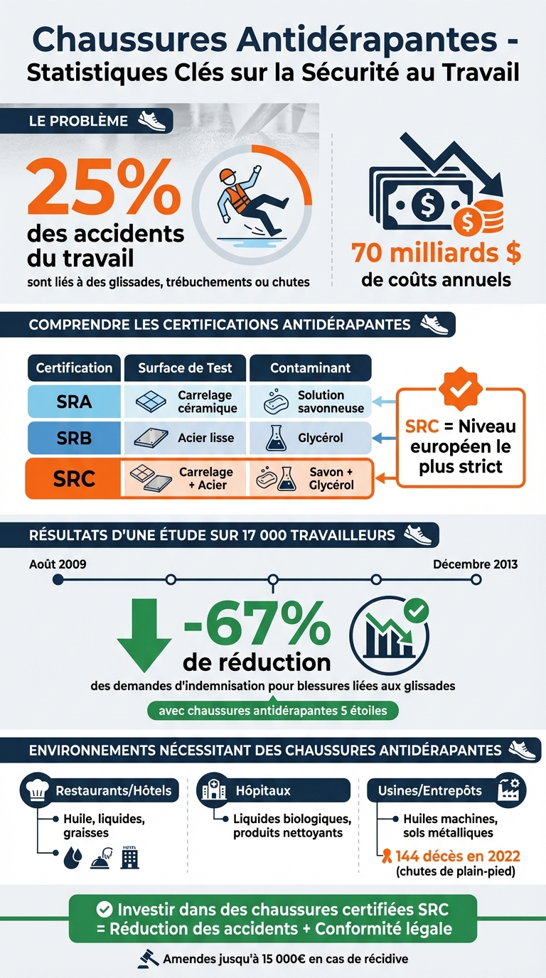Statistiques accidents du travail et chaussures antidérapantes