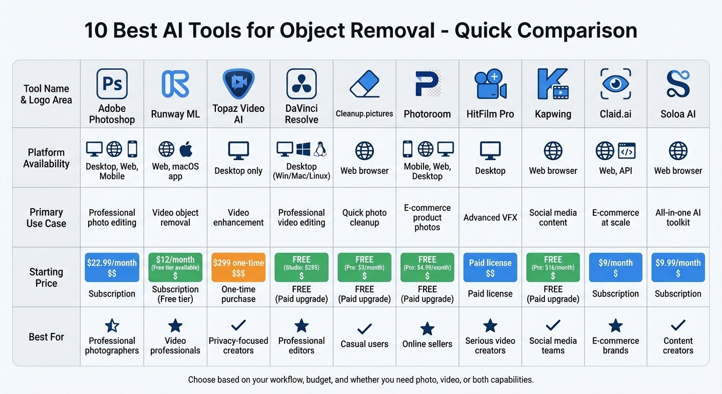 Comparison of 10 Best AI Tools for Object Removal: Features, Pricing, and Use Cases