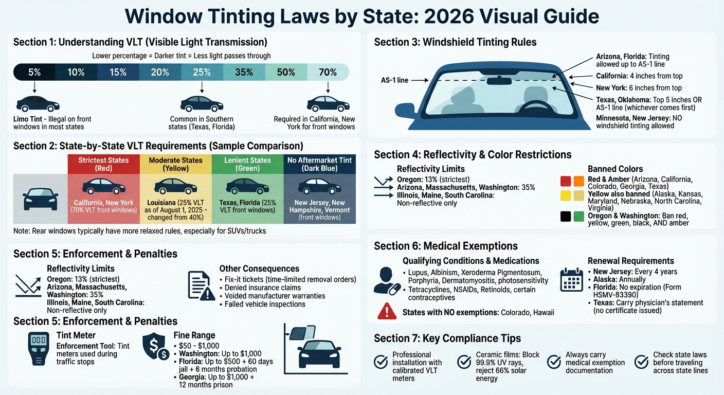 Window Tinting Laws by State: VLT Requirements and Penalties Comparison 2026