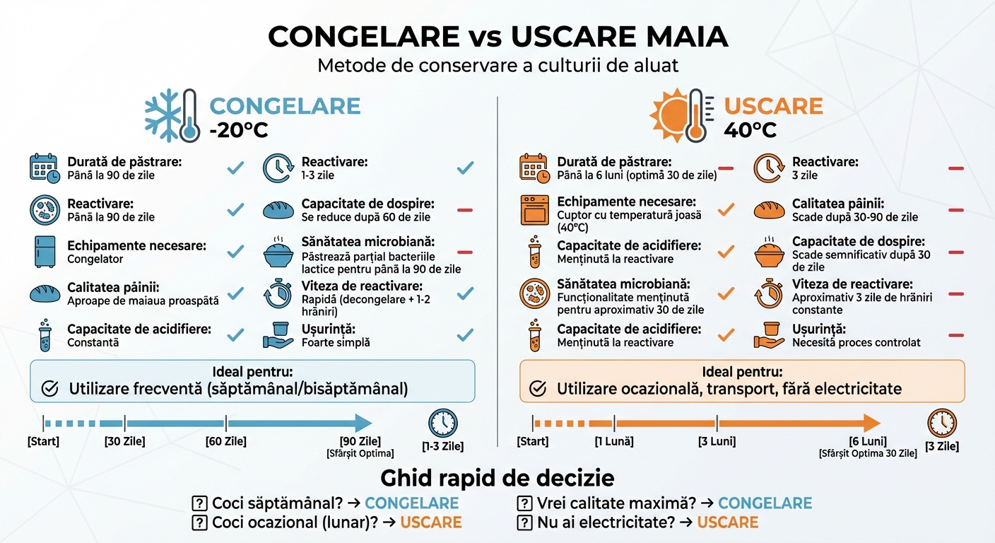 Comparație congelare vs uscare maia: durată păstrare, reactivare și calitate pâine