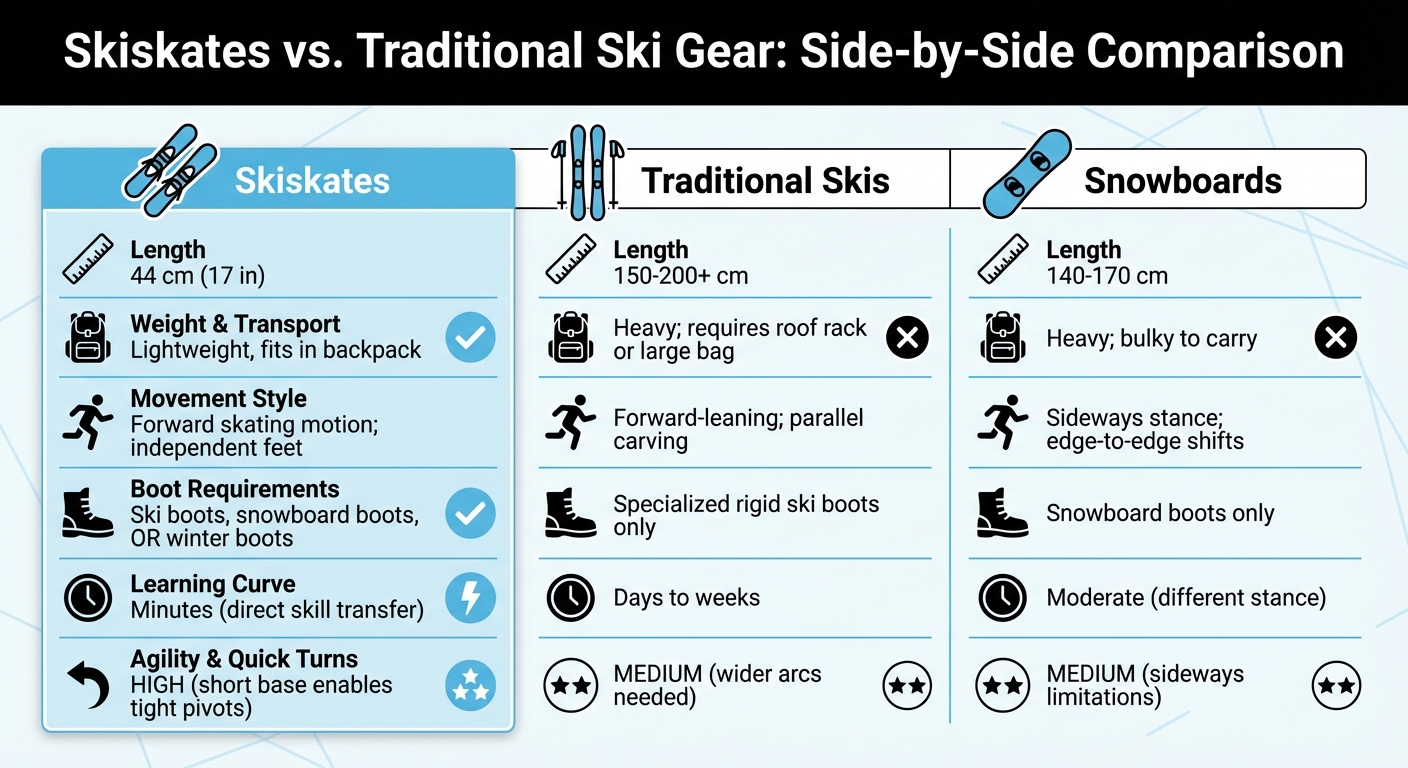 Skiskates vs Traditional Skis vs Snowboards Comparison Chart