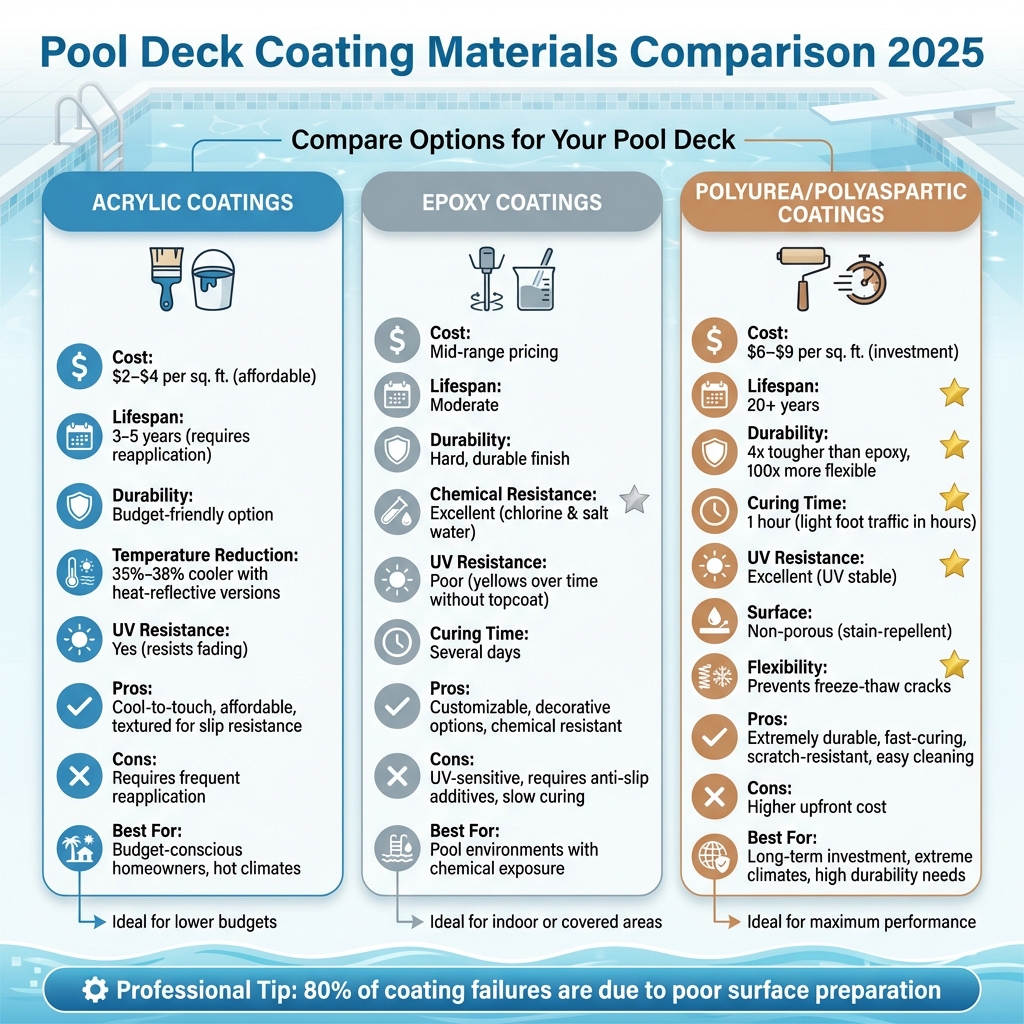 Pool Deck Coating Materials Comparison: Cost, Durability & Features 2025