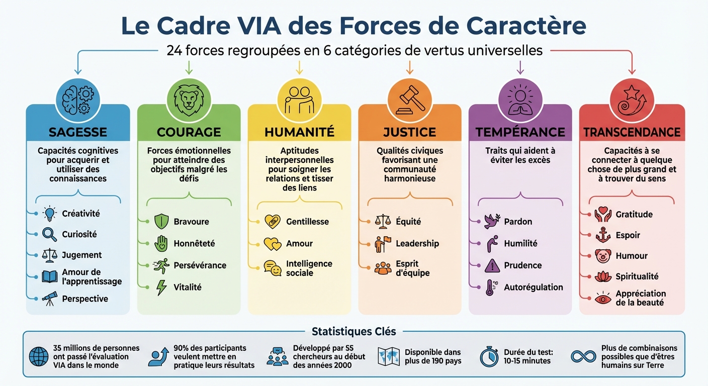 Les 6 catégories de vertus et 24 forces de caractère du cadre VIA
