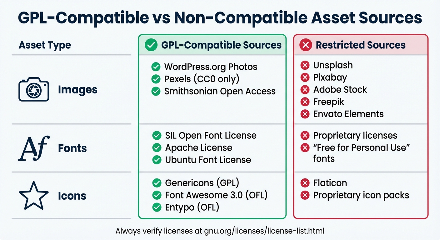 GPL-Compatible vs Non-Compatible Asset Sources for WordPress Themes