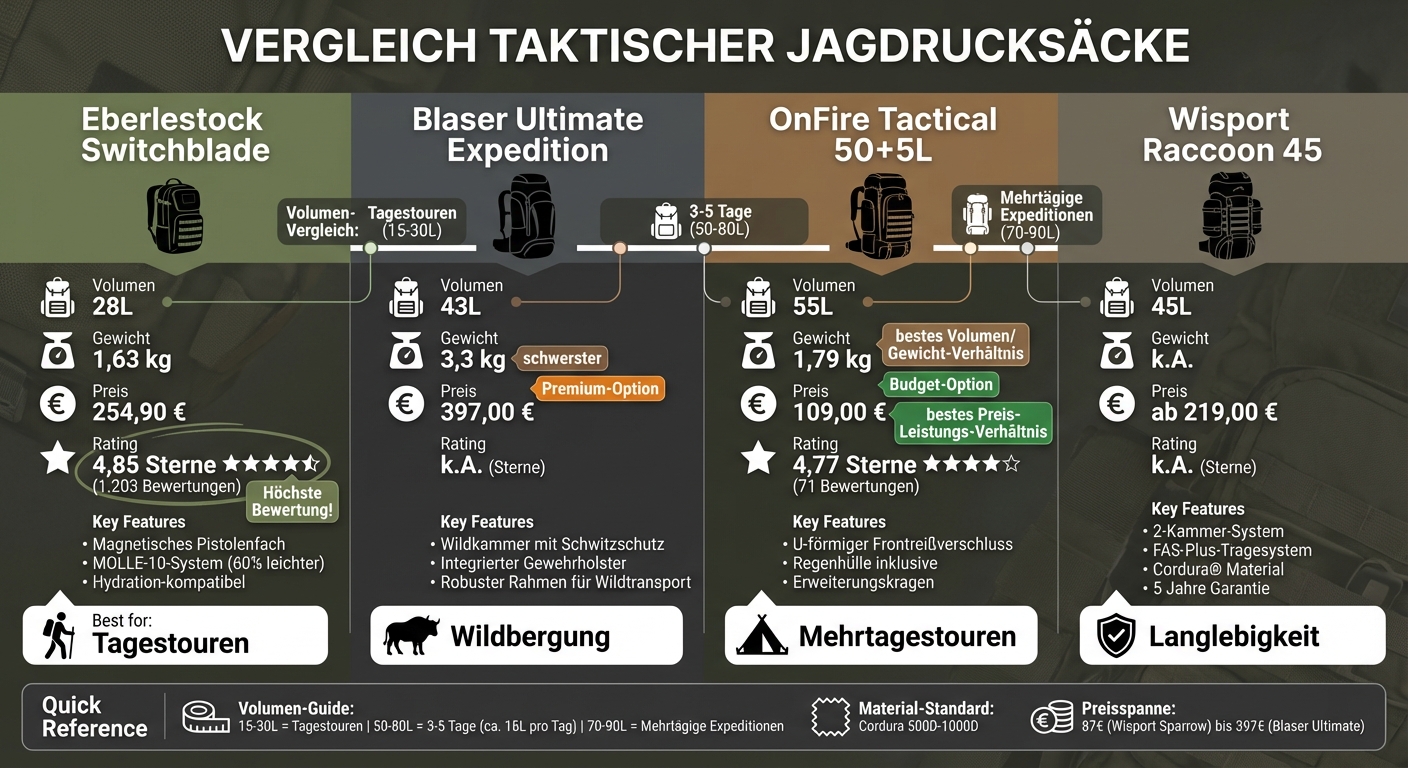 Vergelijking van tactische jacht rugzakken: modellen, volume en prijzen