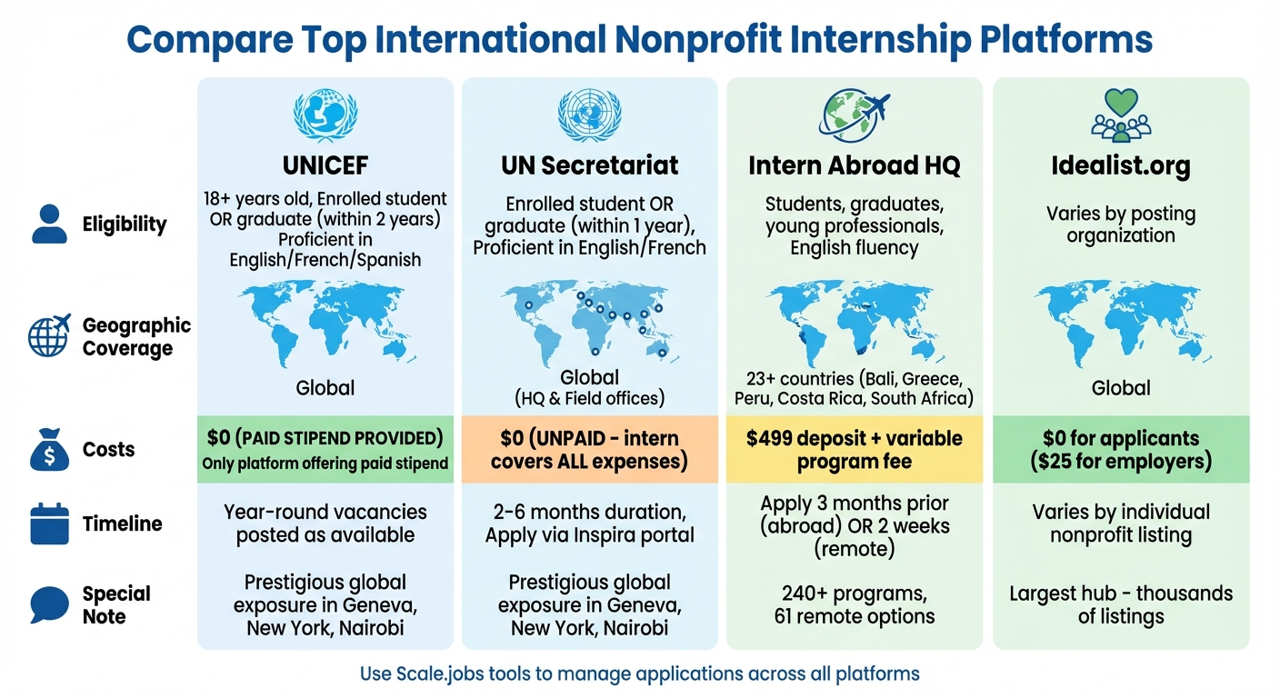 International Nonprofit Internship Platforms Comparison: Eligibility, Costs, and Coverage