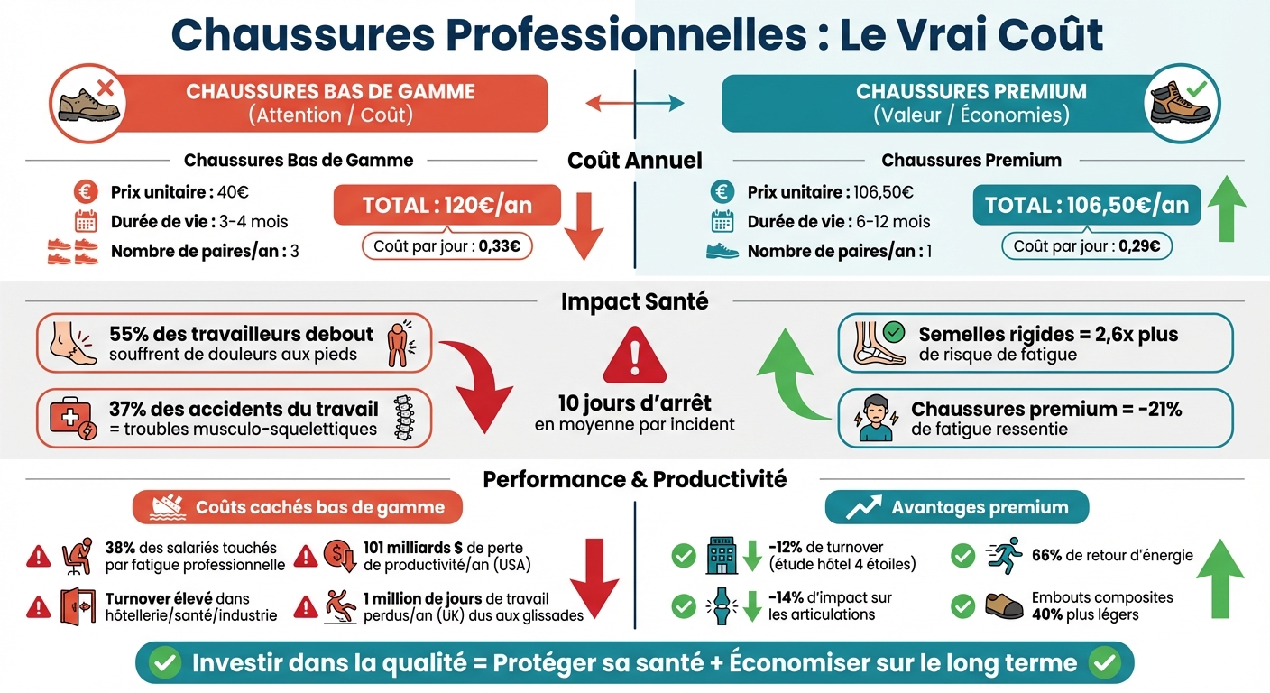 Comparaison coûts chaussures professionnelles bas de gamme vs premium